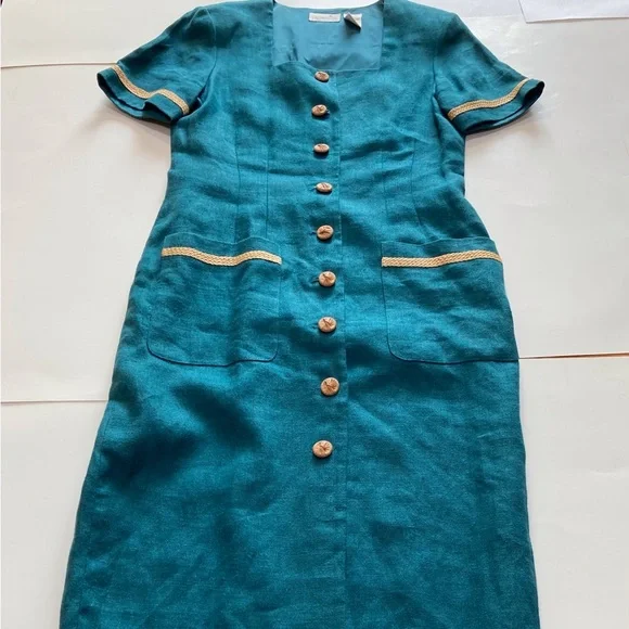 Liz Claiborne Vintage Linen Maxi Dress Womens 10 Green 90s Button Front Pockets - Picture 15 of 16